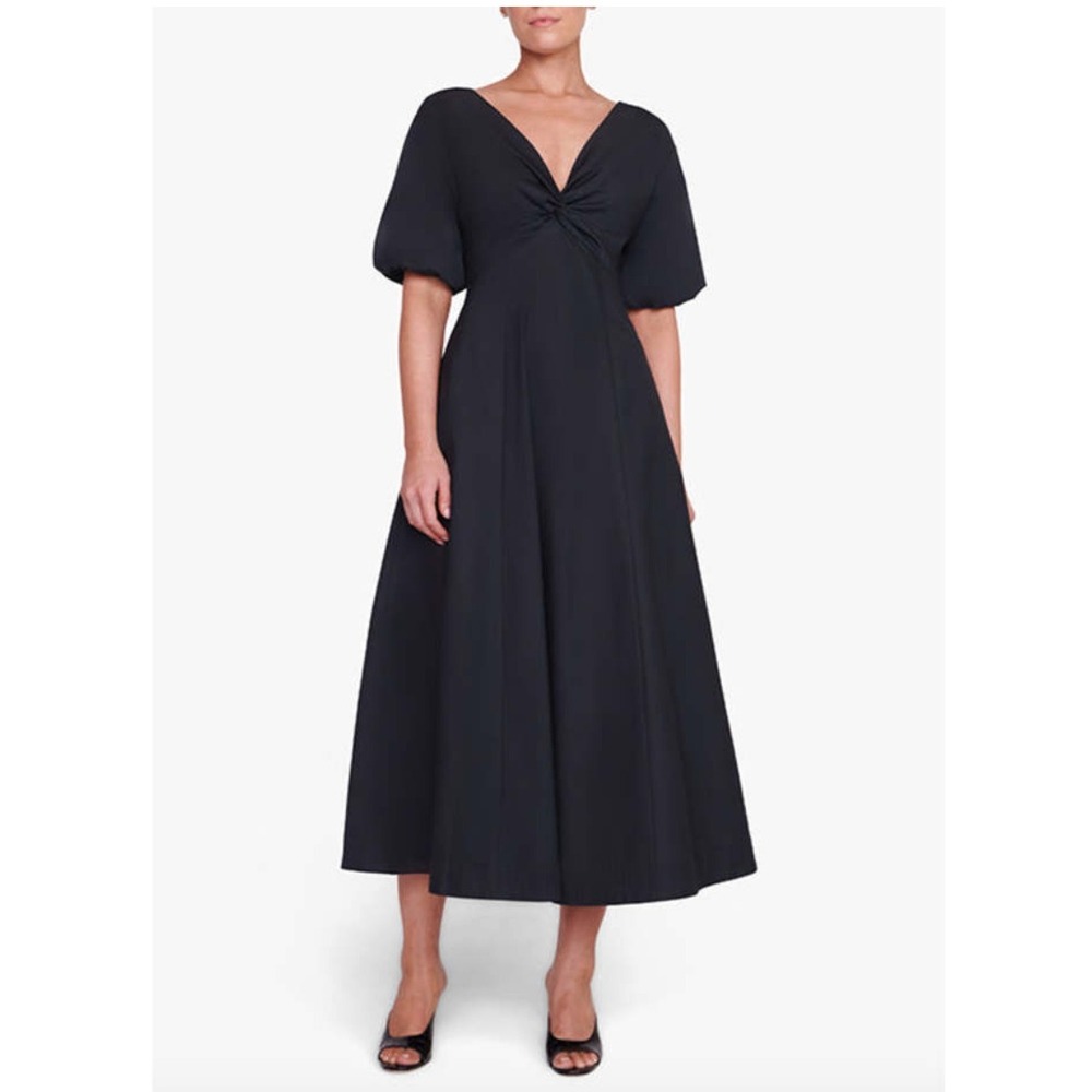 STAUD Finley Puff Sleeve Midi Dress Black Cotton‎ Poplin Puff Sleeve V-Neck 6